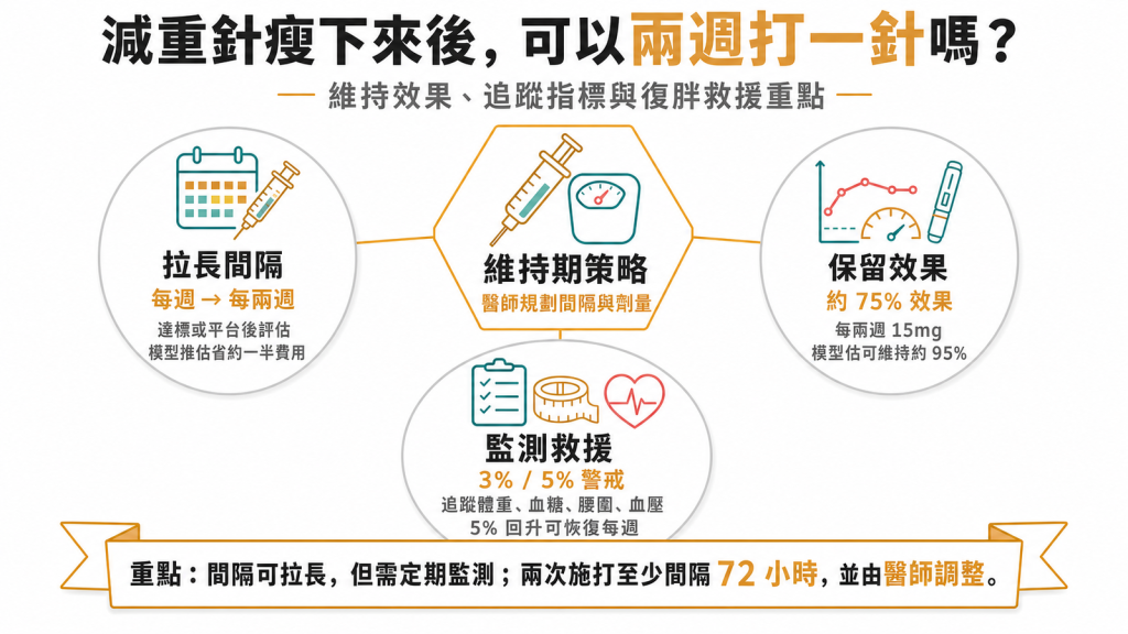 減重針維持期拉長間隔資訊圖：每週改每兩週、保留約 75% 效果、追蹤體重血糖與復胖分級救援，間隔劑量由醫師規劃