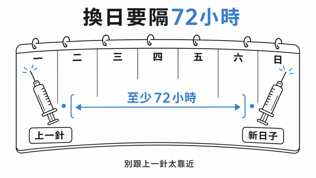 想更改猛健樂每週打針的日子,只要新舊兩針時間間隔至少3天72小時以上就可以調整,別跟上一針太靠近
