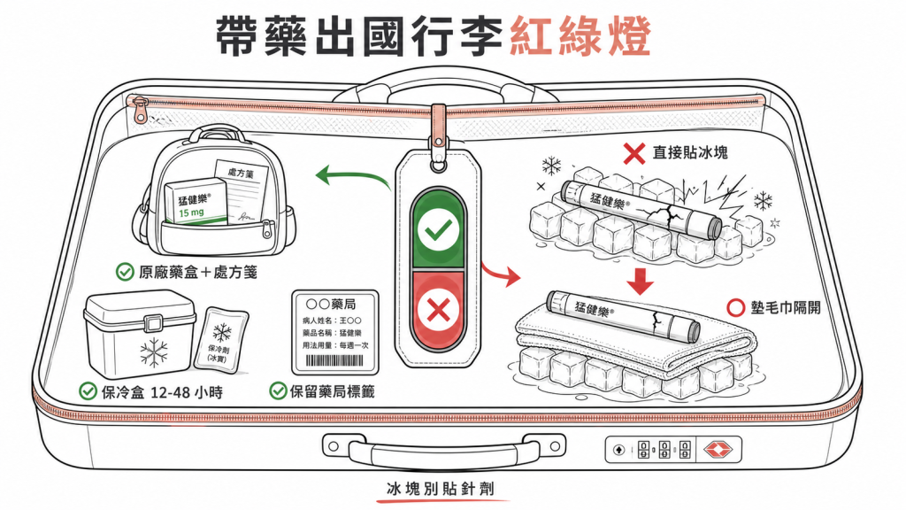 帶猛健樂出國行李紅綠燈:綠燈原廠藥盒加處方箋隨身保冷盒12到48小時保留藥局標籤,紅燈針劑勿直接貼冰塊要墊毛巾隔開