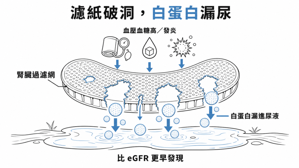 腎臟過濾網被高血壓高血糖發炎撐出破洞,白蛋白漏進尿液造成UACR升高,比eGFR更早發現