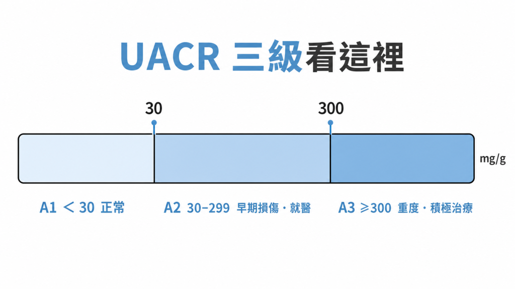 UACR三級分類A1小於30正常A2介於30到299早期損傷要就醫A3大於等於300重度需積極治療單位mg/g