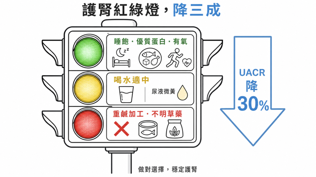 護腎紅綠燈綠燈睡飽優質蛋白有氧黃燈喝水適中紅燈避重鹹加工與不明草藥,目標把UACR降30%