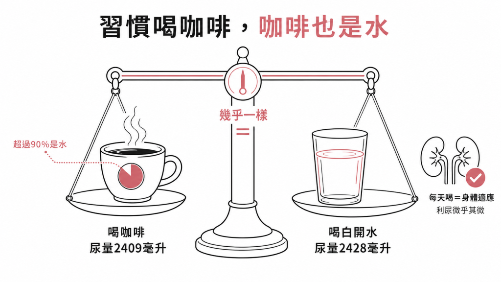 破解咖啡脫水迷思:研究讓每天喝咖啡的人喝4杯咖啡或同量白開水,尿量分別約2409與2428毫升幾乎一樣,因為咖啡超過90%是水,習慣性飲用身體已適應利尿微乎其微