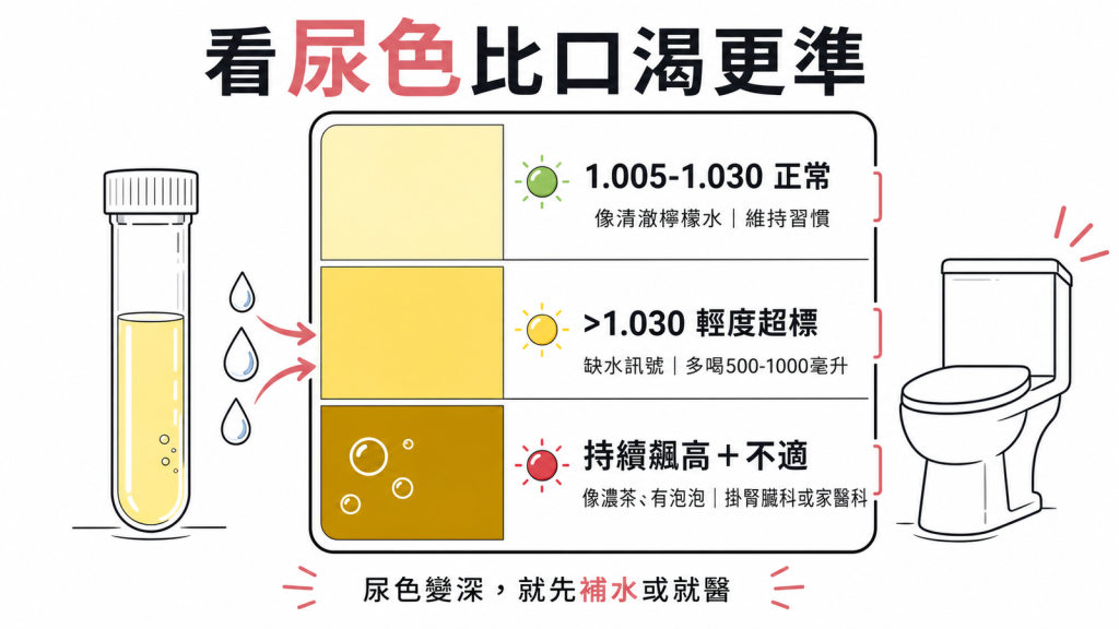 看尿色比口渴更準:尿比重1.005到1.030正常像清澈檸檬水維持習慣、大於1.030輕度超標是缺水訊號每天多喝500到1000毫升白開水、持續飆高且尿色像濃茶有泡泡難散就掛腎臟科或家醫科