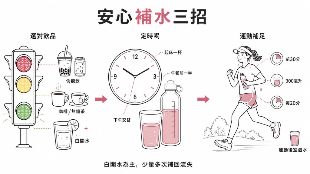 安心補水三招:飲品紅綠燈以白開水為主咖啡無糖茶可算水含糖飲少碰、定時少量多次起床一杯午餐前喝一半下午交替、運動前30分多喝300毫升每20分潤喉運動後喝室溫水