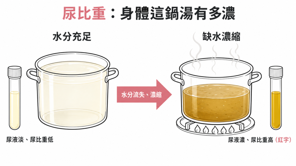尿比重就像一鍋湯的濃稠度:水分充足時湯清澈、尿液淡、尿比重低,缺水濃縮時湯被加熱蒸發變濃稠、尿液又黃又濃、尿比重就飆高出現紅字