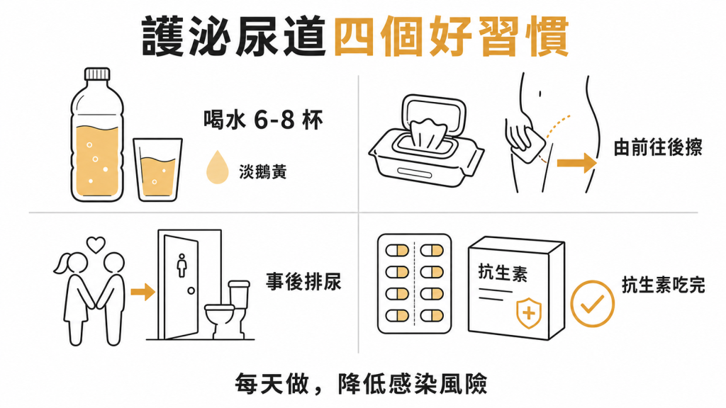 護泌尿道四個好習慣:每天喝6到8杯水尿色淡鵝黃、由前往後擦、性行為後排尿、抗生素按療程吃完