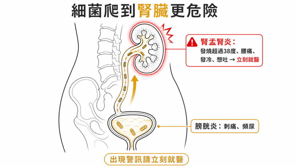 膀胱炎只刺痛頻尿,細菌爬到腎臟變腎盂腎炎會發燒超過38度腰痛想吐,出現警訊立刻就醫
