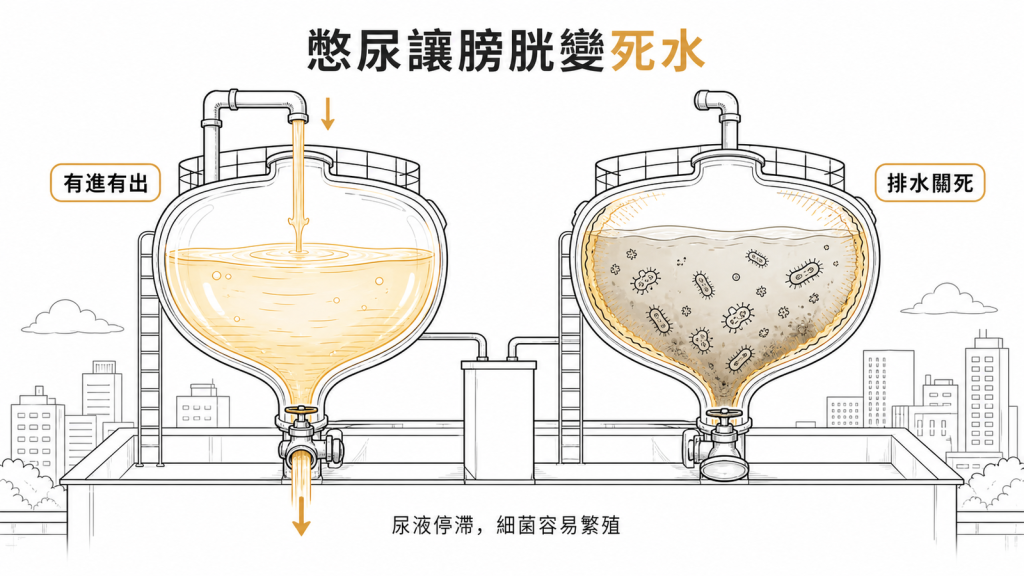 膀胱像水塔,有進有出保持清澈、憋尿讓尿液停滯成死水細菌大量繁殖發炎