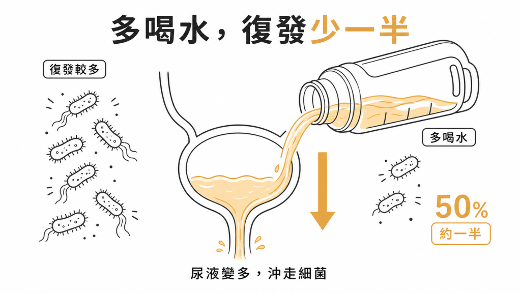 臨床研究顯示每天多喝水能讓泌尿道感染復發風險下降約一半,尿液變多沖走細菌