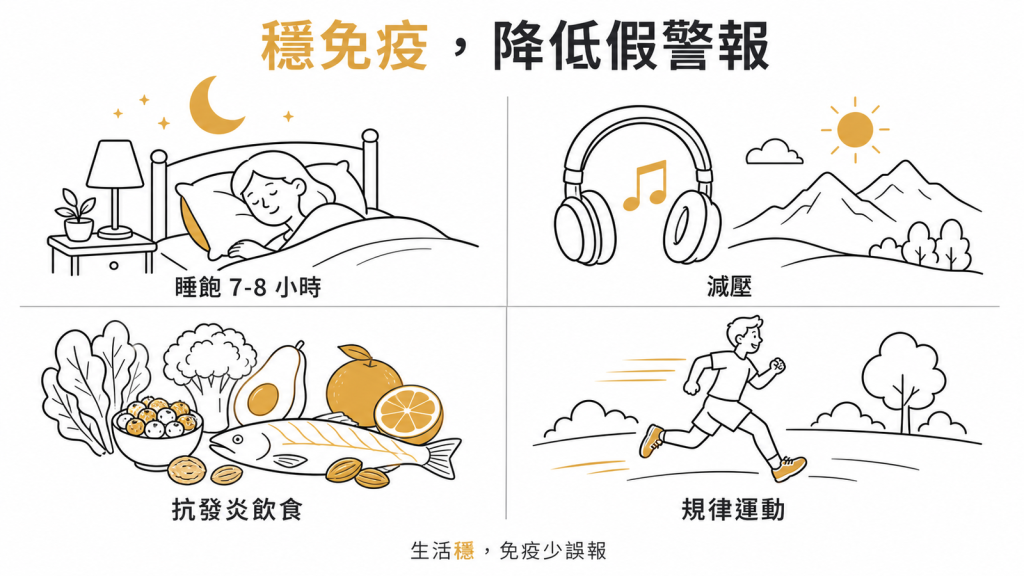 穩定免疫降低偽陽性四招：睡飽7到8小時、減壓、抗發炎飲食、規律運動