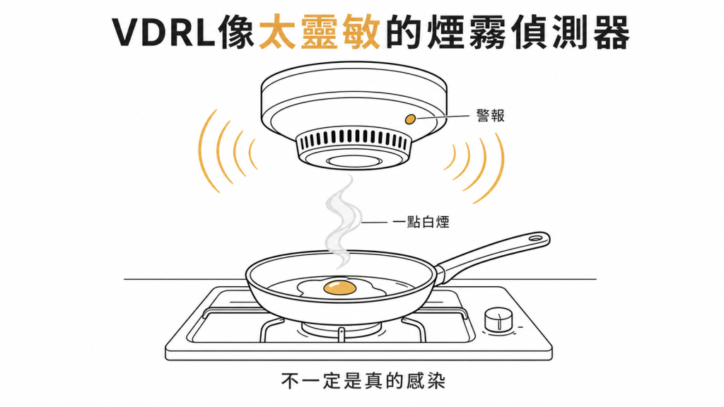 VDRL篩檢像太靈敏的煙霧偵測器，煎蛋的一點白煙就大響，不一定是真的感染