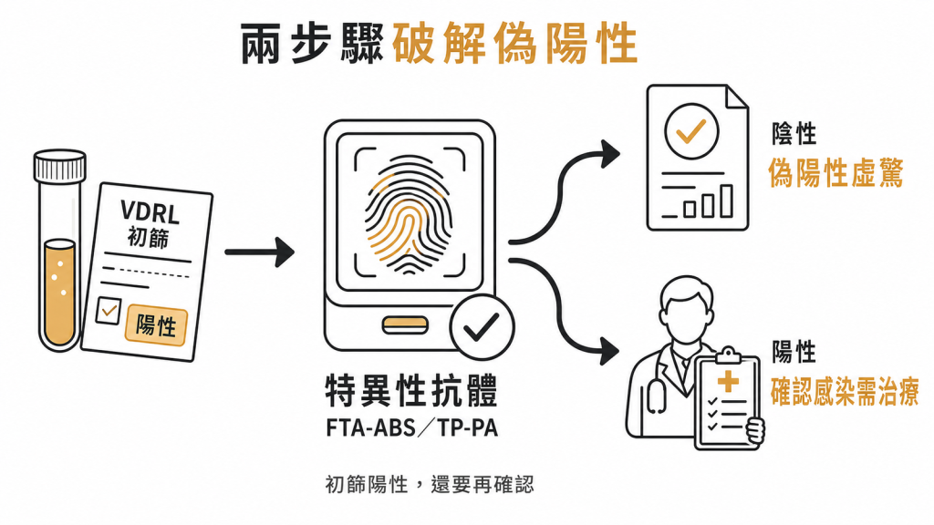 VDRL初篩陽性再做特異性抗體FTA-ABS或TP-PA確認，陰性是偽陽性虛驚、陽性才是確認感染需治療