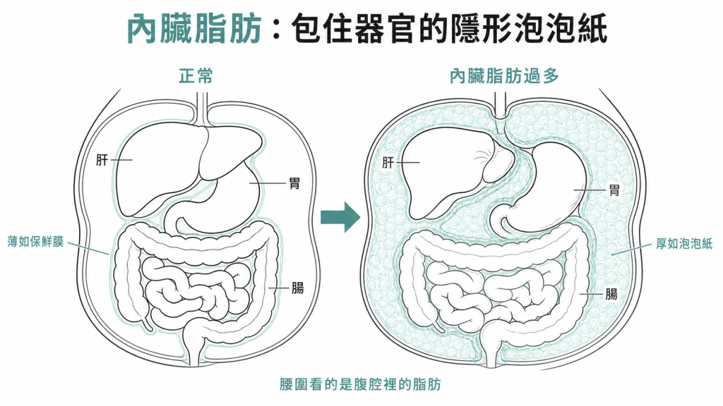 內臟脂肪剖面示意：正常時器官外只有薄薄一層脂肪如保鮮膜，內臟脂肪過多時器官被厚厚脂肪如泡泡紙包圍擠壓