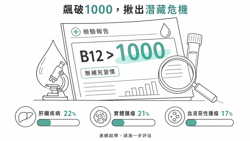 無補充習慣卻B12持續超過1000的人中,22%有肝臟疾病21%有實體腫瘤17%有血液惡性腫瘤