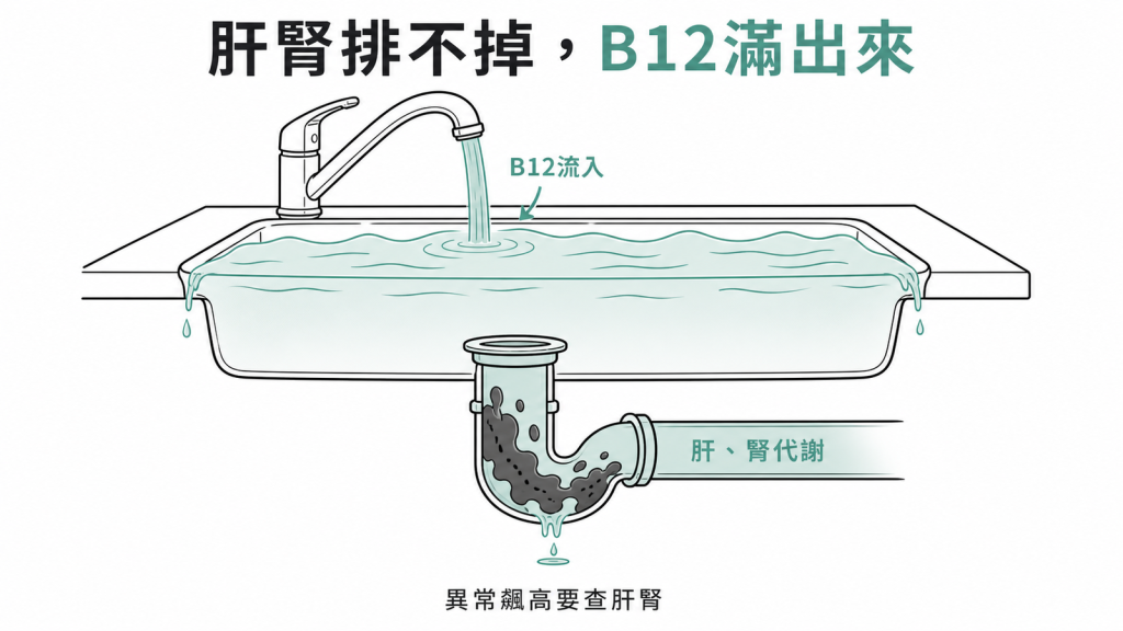 B12像水槽的水,肝腎是排水管,排水管堵住代謝不掉B12就會異常飆高滿出來