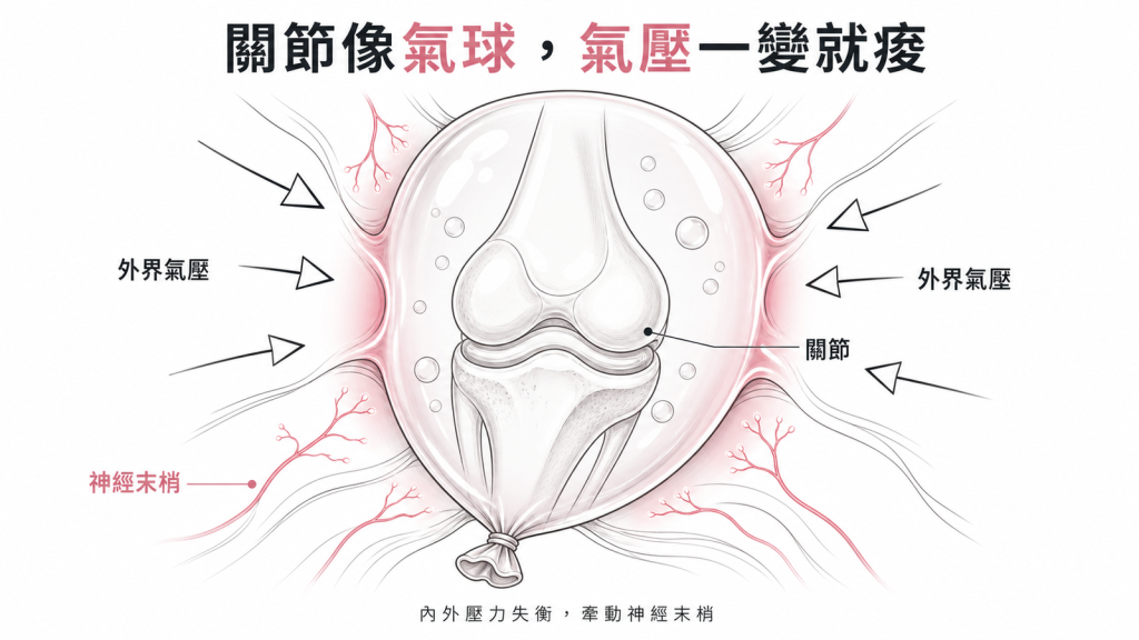 關節像氣球外界氣壓改變使內外壓力失衡牽動神經末梢產生痠痛