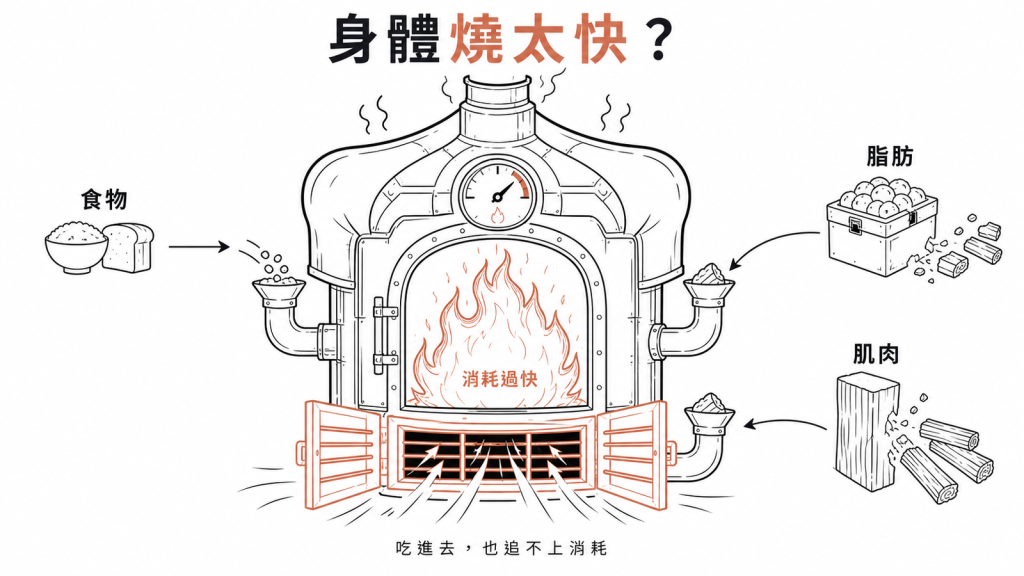 病理性變瘦像火爐燒太快：甲狀腺亢進、發炎或癌症惡病質讓身體消耗過快，吃再多也追不上，只好拆脂肪和肌肉當柴燒