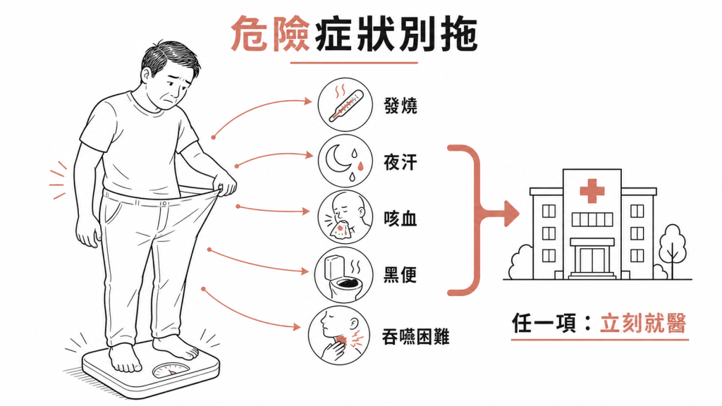 體重莫名減輕若合併發燒夜間盜汗咳血黑便吞嚥困難任一危險症狀，要立刻就醫不要拖延