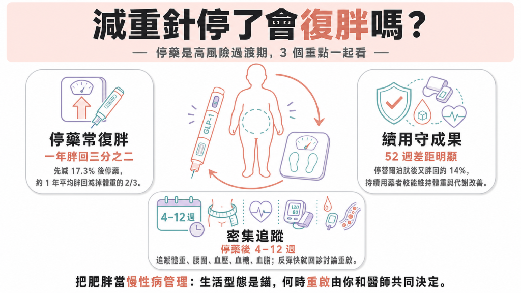 減重針停藥後復胖資訊圖：停藥一年胖回三分之二、停藥後 4 到 12 週追蹤體重血壓血糖血脂與重啟時機