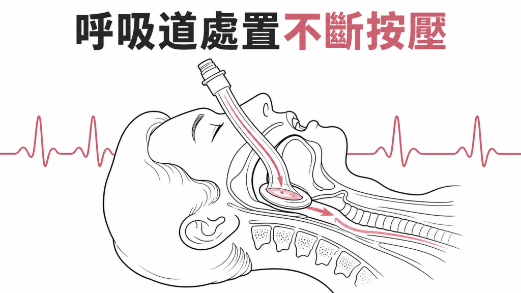 急救呼吸道裝置選擇以熟練快速且不中斷按壓為原則的衛教圖