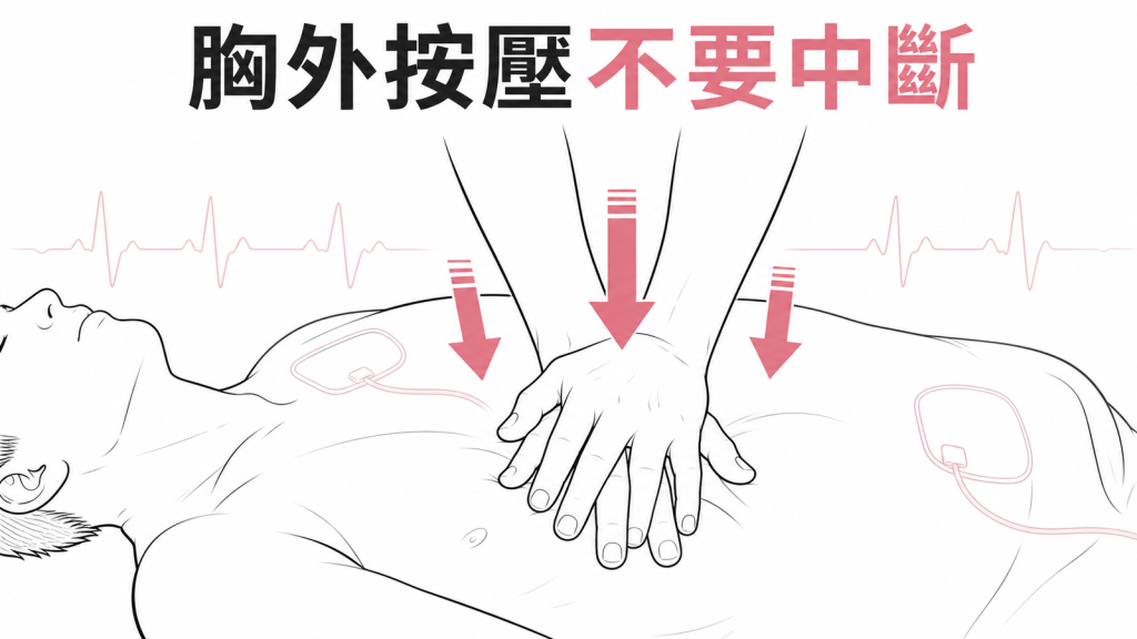 高品質胸外按壓不中斷是急救核心的衛教圖