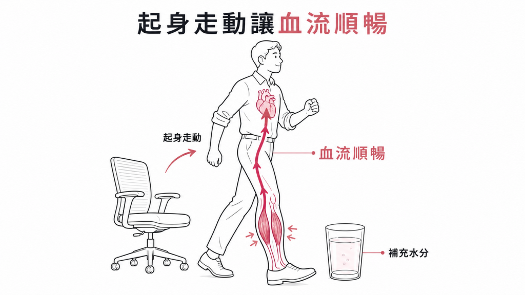 久坐後起身走動並補水維持血液循環