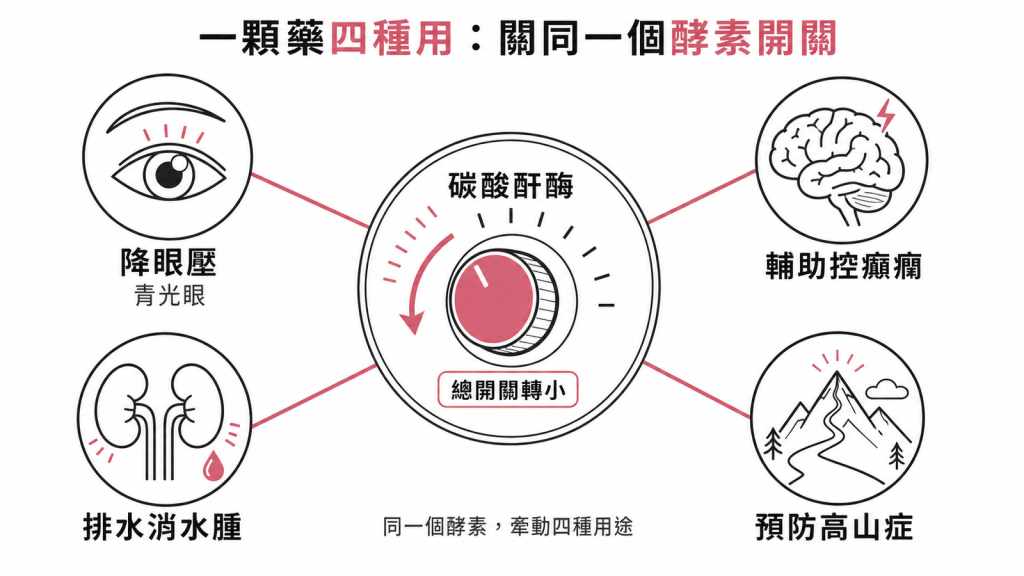 丹木斯只做一件事：關小碳酸酐酶這個酵素總開關，卻牽動四種用途——降眼壓治青光眼、輔助控癲癇、排水消水腫、預防高山症