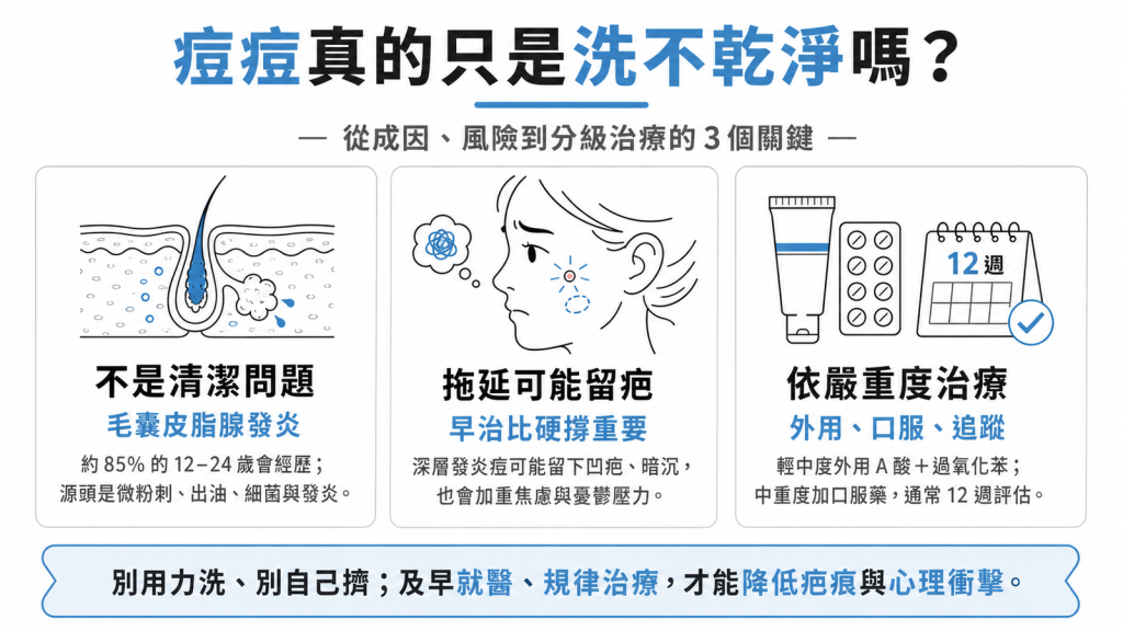 青春痘是毛囊皮脂腺發炎不是洗臉不夠，85%年輕人都會遇到，早治療依嚴重度用藥才少留疤
