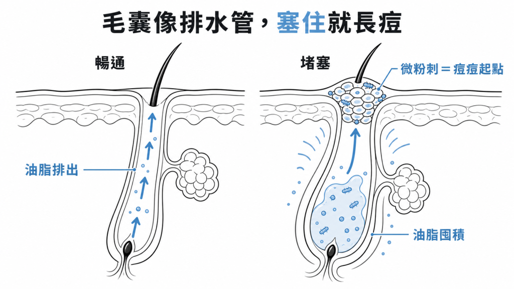 毛囊像排水管，暢通時油脂順利排出、堵塞時形成微粉刺這個痘痘起點，油脂囤積細菌繁殖引發發炎