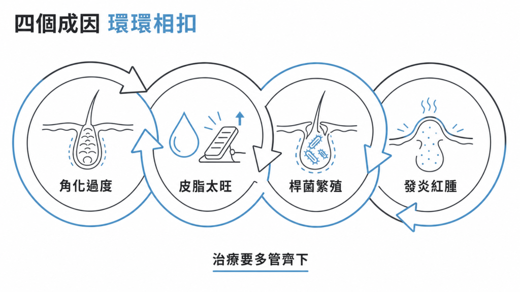 痤瘡四個環環相扣的成因：毛囊角化過度、皮脂分泌太旺、痤瘡桿菌繁殖、發炎紅腫，治療要多管齊下