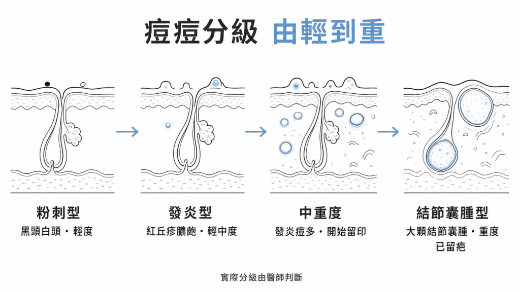 痤瘡由輕到重四級：粉刺型黑頭白頭、發炎型紅丘疹膿皰、中重度發炎痘多開始留印、結節囊腫型已留疤