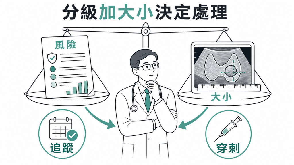 甲狀腺結節需綜合風險分級與大小決定追蹤或穿刺