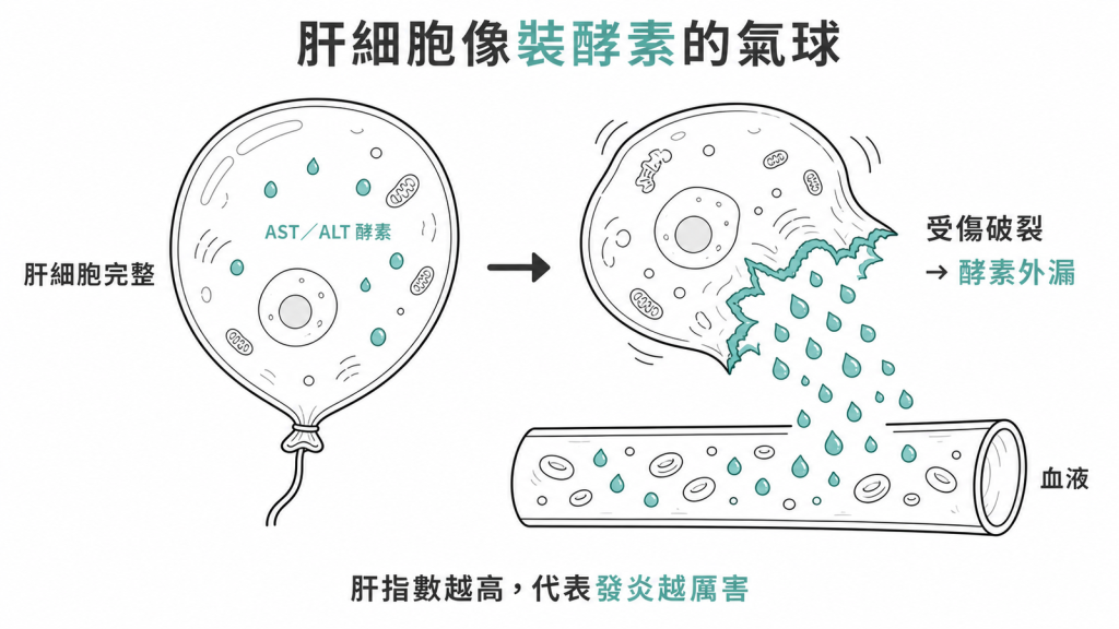 肝細胞像裝著AST、ALT酵素的氣球，受傷破裂酵素外漏進血液，肝指數越高代表發炎越厲害
