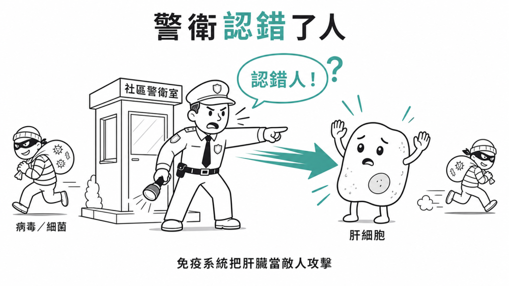 免疫系統像社區警衛認錯人，把自家肝細胞當入侵者攻擊，卻放過真正的病毒細菌