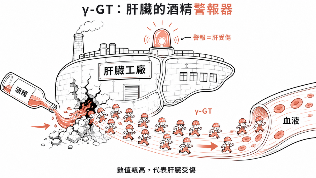 肝臟像解毒工廠,酒精破壞細胞讓γ-GT作業員大量外流到血液,抽血γ-GT飆高代表肝臟受傷的警報