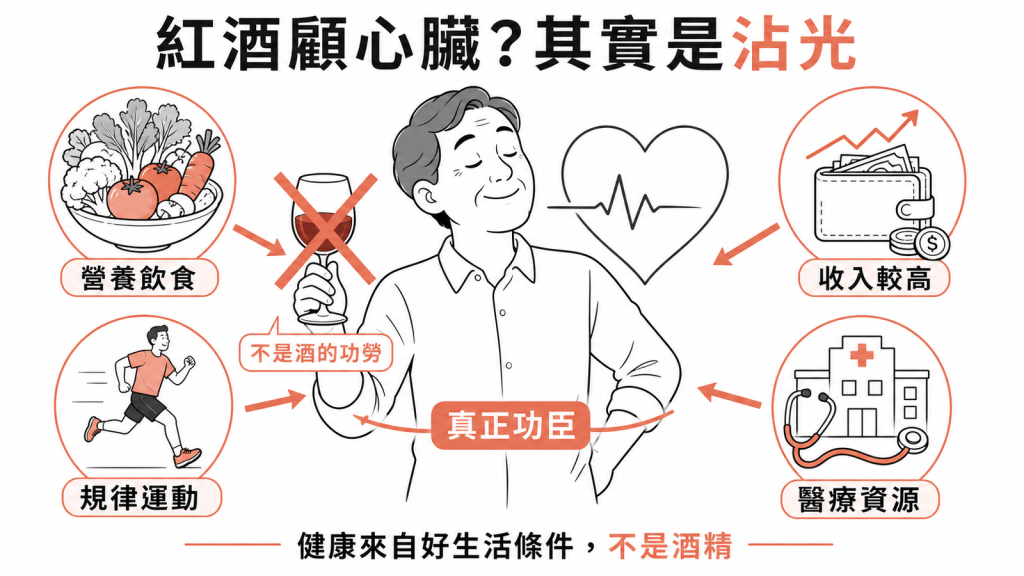 適量飲酒的人心臟較健康其實與酒無關,真正功臣是營養飲食、規律運動、收入較高與醫療資源好,酒只是沾光