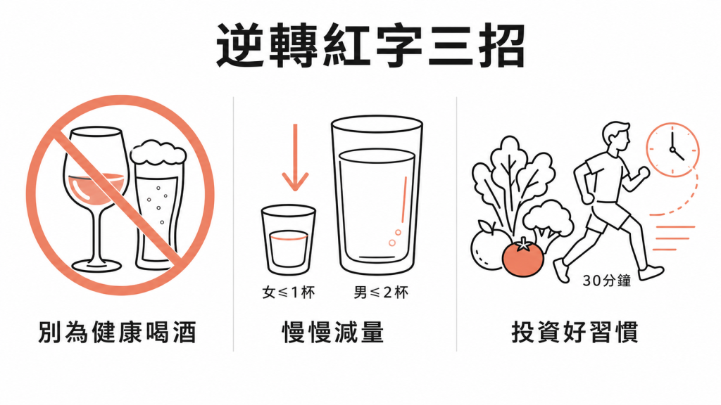 逆轉紅字三招:別為健康喝酒、慢慢減量(女每天不超過1杯男不超過2杯)、投資規律運動與蔬果等好習慣