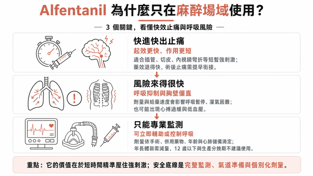 Alfentanil 資訊圖：起效更快作用更短的手術止痛針、呼吸抑制與胸壁僵直風險、只能在可立即輔助或控制呼吸的環境給藥