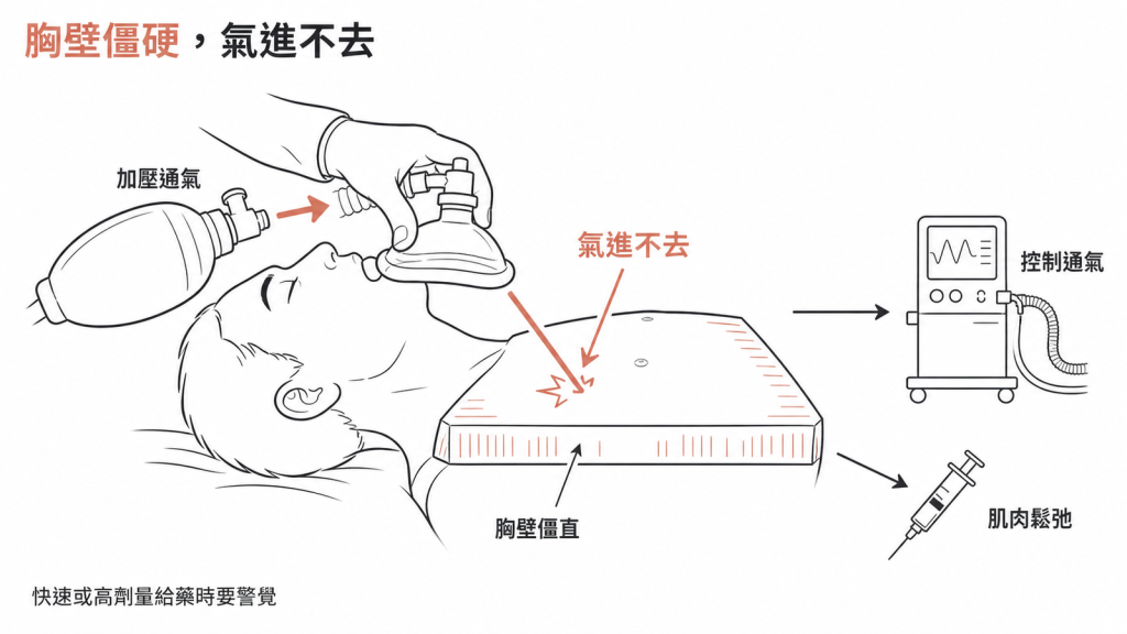 Alfentanil 胸壁僵直示意圖：胸廓變得像木板，面罩加壓也灌不進氣，往往需要肌肉鬆弛劑與控制通氣