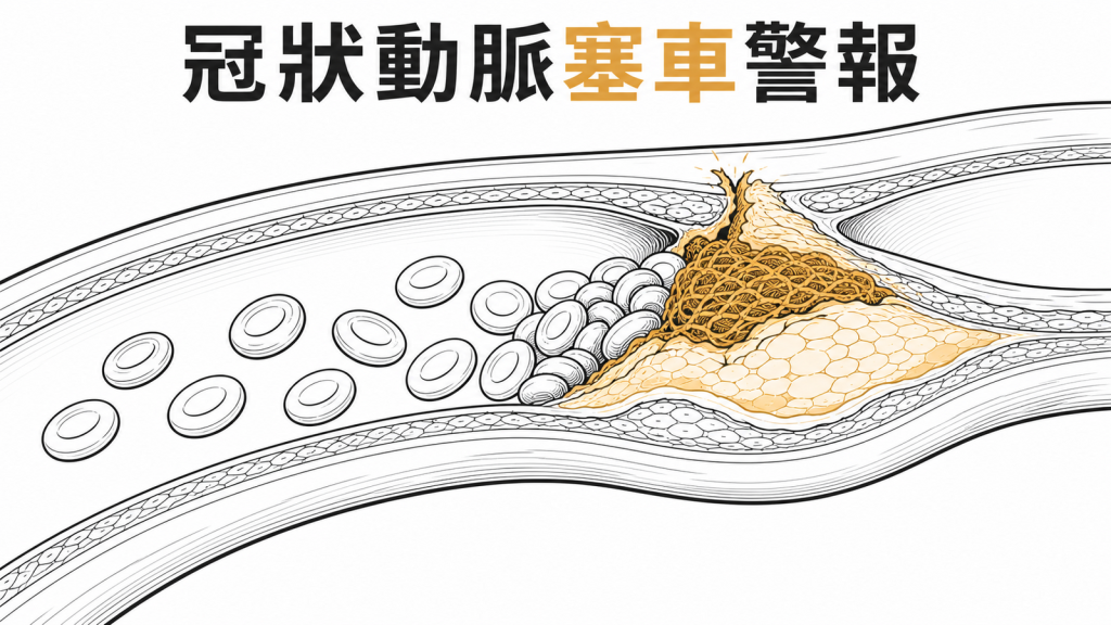 冠狀動脈斑塊破裂與血栓阻塞示意圖