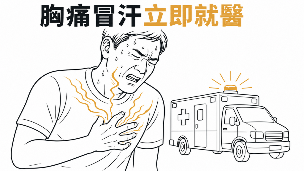 胸痛冒汗並向左肩下巴延伸時立即就醫