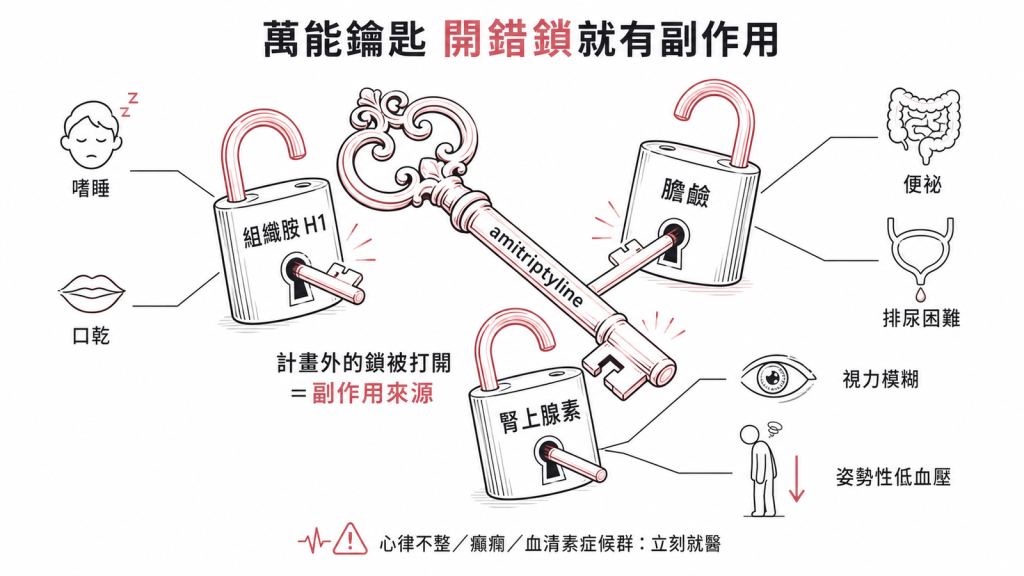 amitriptyline像萬能鑰匙擋住組織胺膽鹼腎上腺素等計畫外受體，造成嗜睡口乾便祕排尿困難視力模糊姿勢性低血壓，嚴重反應要立刻就醫