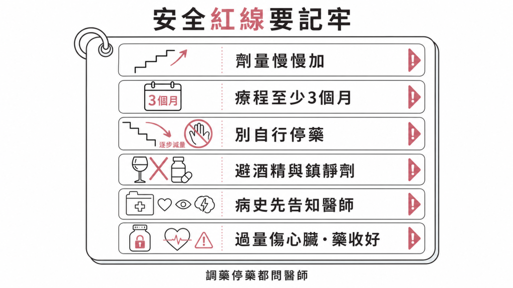 amitriptyline安全紅線：劑量慢慢加、療程至少3個月、別自行停藥要逐步減量、避酒精與鎮靜劑、心血管青光眼癲癇病史先告知、過量傷心臟藥收好