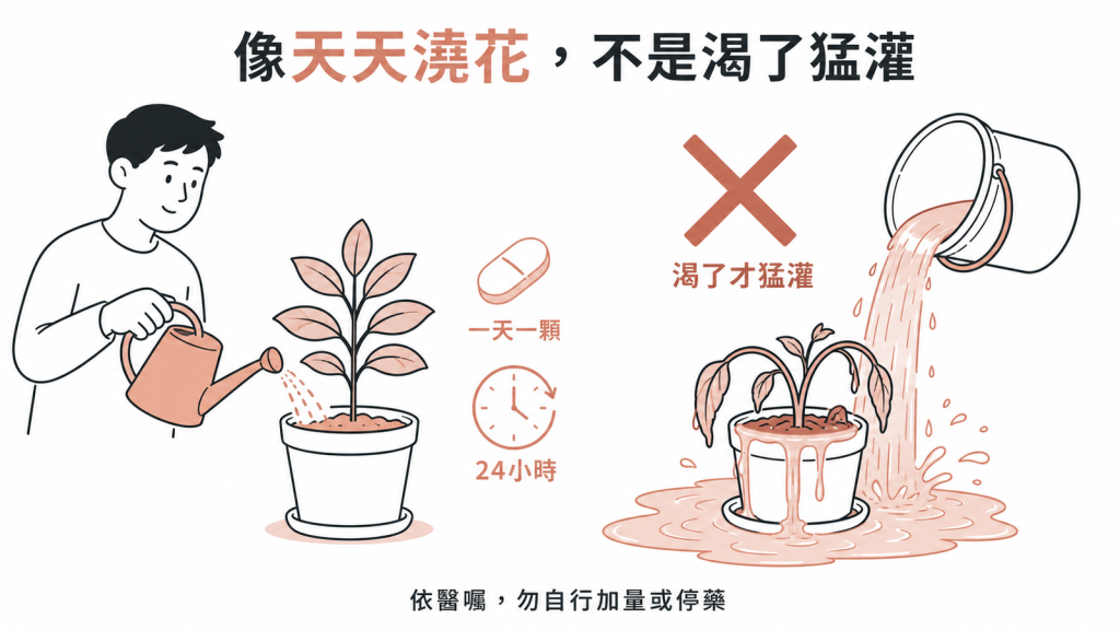 脈優需長期規律吃,像天天澆一點水的盆栽、一天一顆撐24小時,依醫囑勿自行加量或停藥