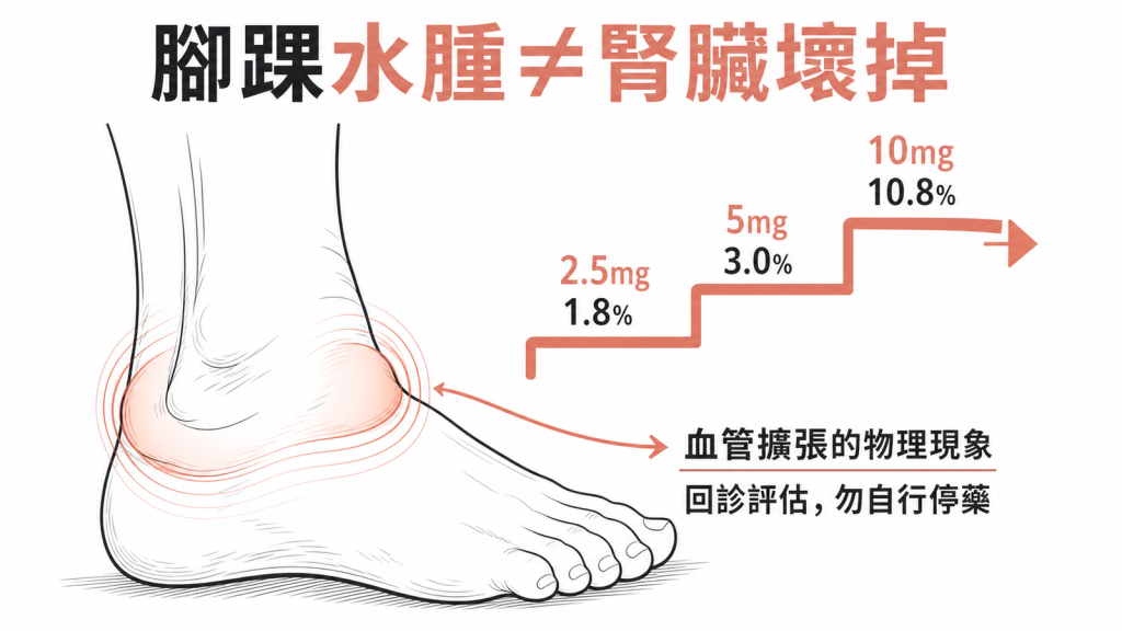 脈優腳踝水腫是血管擴張的物理現象、劑量越高越常見,不是腎臟壞掉,應回診評估勿自行停藥