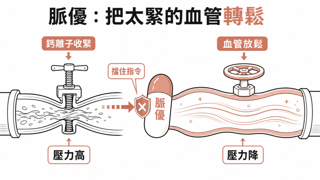 脈優擋住鈣離子收緊指令,讓血管像水管旋鈕轉鬆、口徑變大、血壓下降