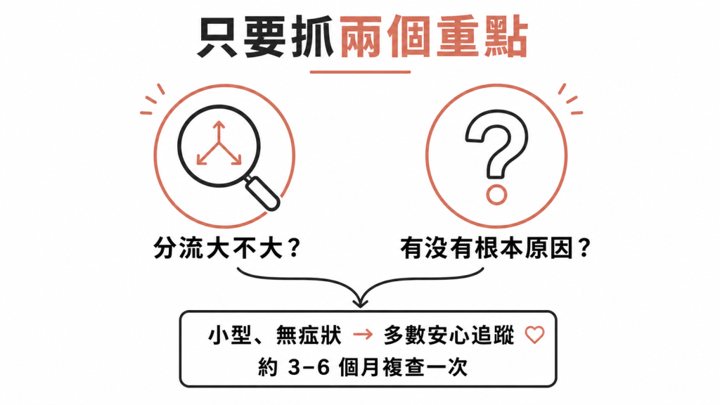 判讀兩要點：分流大不大、有沒有根本原因；小型無症狀分流多數安心追蹤，約3-6個月複查一次