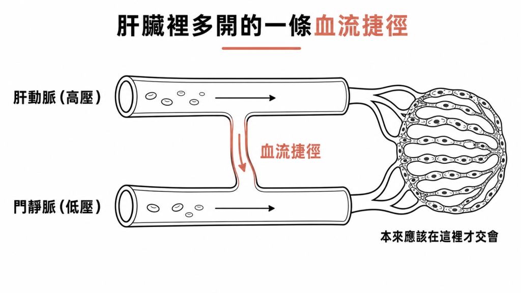 血流捷徑示意：高壓肝動脈血本該先走到微血管(肝竇)才與門靜脈交會，AP shunt卻多開一條短路直接灌進低壓門靜脈
