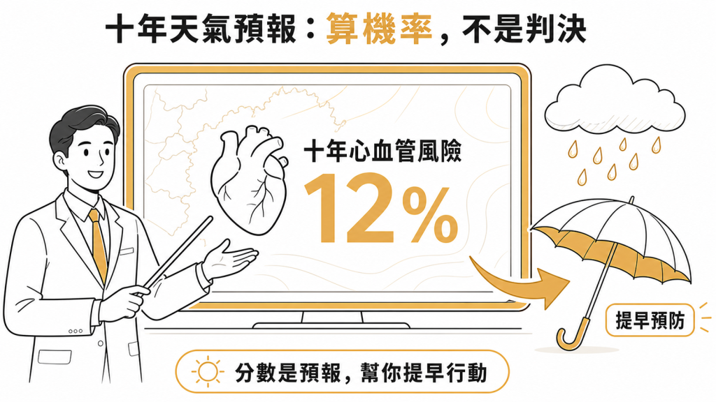 ASCVD十年心血管風險分數像天氣預報,算的是未來十年發生心肌梗塞或中風的機率,不是判決,幫你提早預防